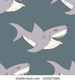 Shark seamless pattern, Hand drawn sketched doodle shark, vector illustration.