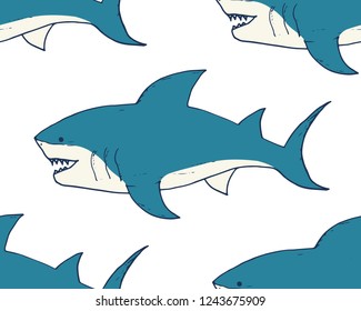 Shark seamless pattern, Hand drawn sketched doodle shark, vector illustration.
