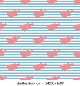 Shark seamless pattern, Hand drawn sketched doodle shark, vector illustration.