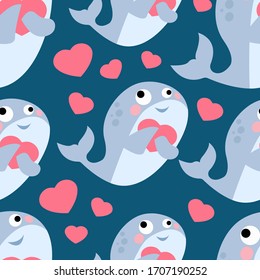 Shark Seamless Pattern on blue background with hearts, Cute cartoon character to print postcards, on clothes, party decor, Wrapping paper, Under The Sea