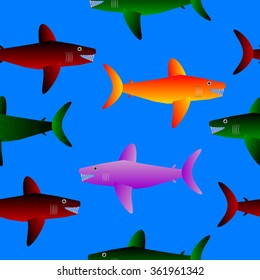 Shark seamless pattern on blue background. Vector illustration.