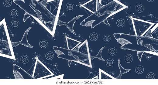 Shark seamless pattern. Packing old paper, scrapbooking style. Vintage background. Medieval manuscript, engraving art 