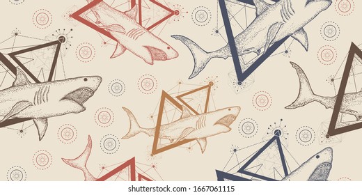 Shark seamless pattern. Packing old paper, scrapbooking style. Vintage background. Medieval manuscript, engraving art 