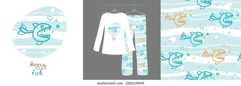 Hai-nahtloses Muster. Pajamas. Cartoon Sketch Fisch Illustration. Von Hand gezeichnet. Doodle. 