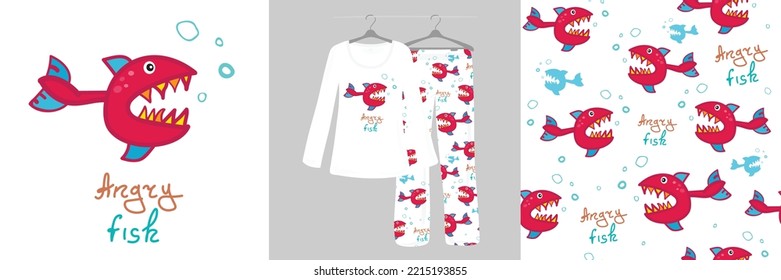 Shark seamless pattern. Pajamas. Cartoon sketch fish illustration. Drawn by hand. Doodle. 