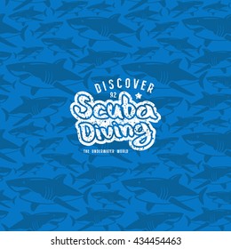 Shark seamless pattern and scuba diving emblem. White emblem with texture on blue pattern