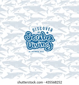 Shark seamless pattern and scuba diving emblem. Blue emblem with texture on light pattern