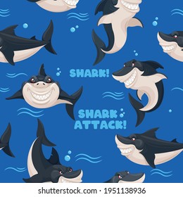 Shark seamless pattern. Sea predator, dangerous fish, smiling sharks. Wallpaper decor vector texture. Hunting and swimming underwater aggressive creatures, aquatic wildlife, maritime