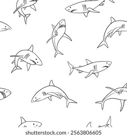 Shark, seamless, pattern, set of illustrations, realistic sketch, hand drawn vector