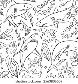 Shark, seamless, pattern, set of illustrations, realistic sketch, hand drawn vector