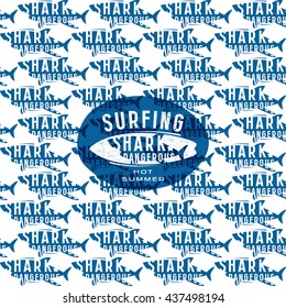 Shark seamless pattern and surfing emblem. Blue print on white background