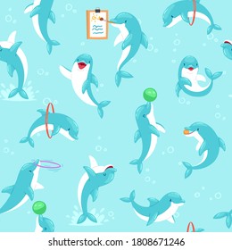 Shark seamless pattern, textile dolphin sea, blue ocean, cute marine background, design, cartoon style vector illustration. Underwater animal, decorative abstract element, wildlife ornament.