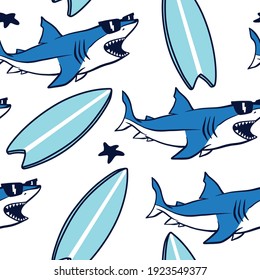 Shark seamless pattern vector print.Shark and surfboard drawing. Fun t-shirt design for kids.Vector illustration design for fashion fabrics, textile graphics, print.
