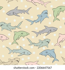 Impresión vectorial sin fisuras de tiburones.Dibujo de tiburones y tablas de surf. Diseño de camisetas divertidas para niños.Diseño de ilustraciones vectoriales para telas de moda, gráficos textiles, impresión.