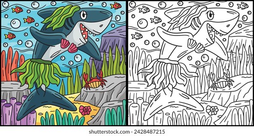 Shark and Seaweed Coloring Page Illustration
