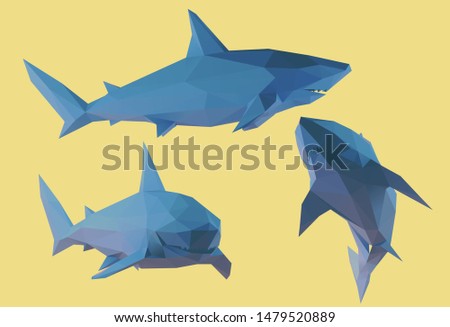 Shark. Set of Blue Great White Sharks on Yellow Background. Low Poly Vector 3D Rendering