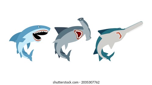 Shark set. Marine predator collection. Hammerhead shark and saw fish