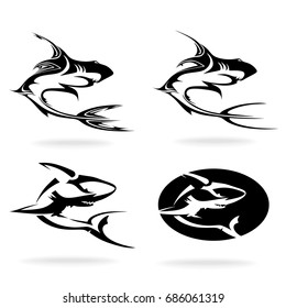 Shark, set, on white background, tribal, illustration