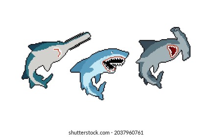 Shark set pixel art. Marine predator collection 8bit. Hammerhead shark and saw fish