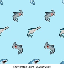 Shark set pixel art pattern seamless. Marine predator collection 8bit background. Hammerhead shark and saw fish texture