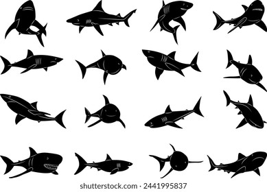 shark set silhouette, on white background vector