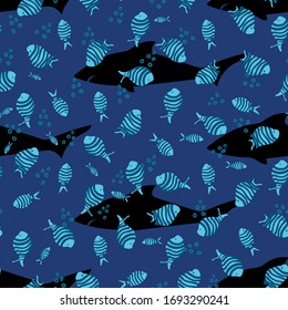 Shark shadows and striped pilot fish swimming in blue water seamless vector pattern. Ocean themed surface print design. For boys fabrics, sea life themed stationery and packaging.
