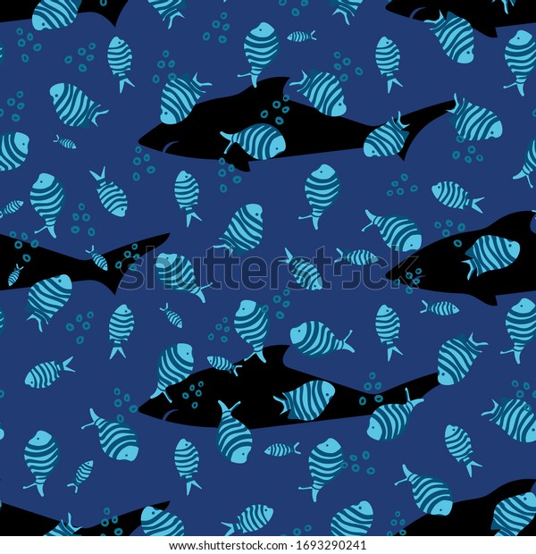 Shark\
shadows and striped pilot fish swimming in blue water seamless\
vector pattern. Ocean themed surface print design. For boys\
fabrics, sea life themed stationery and\
packaging.