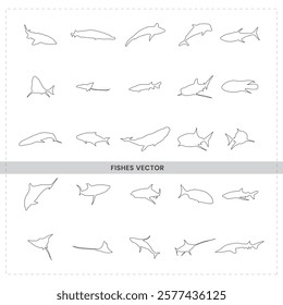 Shark shapes dolphin sketches Simple line drawings marine life silhouettes, fish species whale outlines, black and white illustrations, sea life diversity vector graphics.