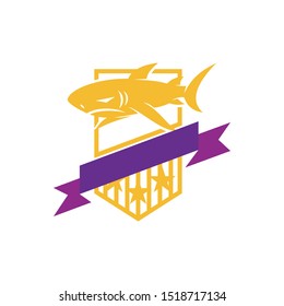 Shark Shied Ribbon logo design vector isolated template