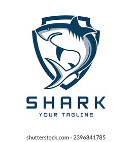shark with shield logo vector design. Wild Fish Vector Illustration, logo for emblem, badge, and brand company
