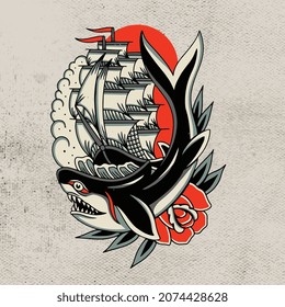 shark and ship artwork and red rose flower vector