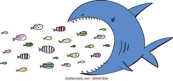 Shark and a shoal of fish, white background