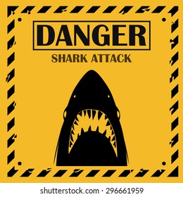 Shark sighting sign, Yellow danger shark attack background.