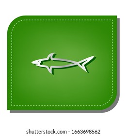 Shark sign. Silver gradient line icon with dark green shadow at ecological patched green leaf. Illustration.