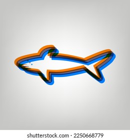 Shark sign. Stroked Icon in orange, azure and old lavender Colors at gray Background. Illustration.