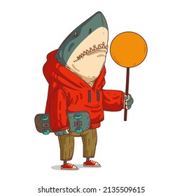 A Shark with a Sign, vector illustration. Anthropomorphic shark, holding a circle copy space banner and a skateboard. An animal character with a human body. Advertisement. Protest. Social media post