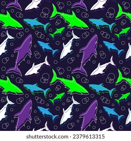 Shark silhouette and bobbles seamless pattern. Colorful vector illustration