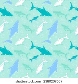 Shark silhouette and bobbles seamless pattern. Monochrome vector illustration