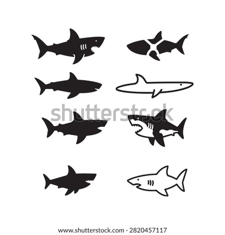 Shark silhouette icon set isolated on a white background vector illustration collection.