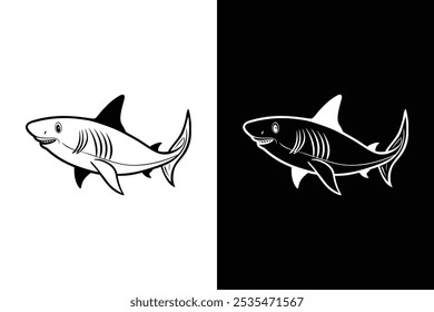 Shark silhouette icons on a white and black background.	