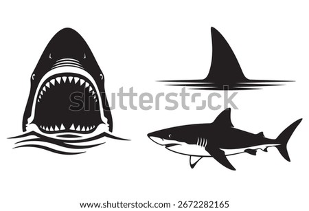 Shark silhouette icons set, great white shark bundle, ocean predator illustration
