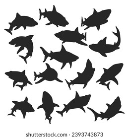 Shark silhouette illustration, Vector collection of vicious sharks swimming