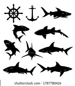 Shark Silhouette Images isolated on white. Shark attack vector set. Danger shark.