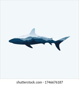 Shark silhouette and mountain landscape inside. Vector double exposure