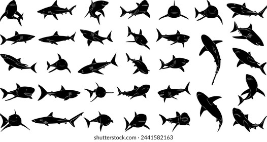 shark silhouette set, on white background vector