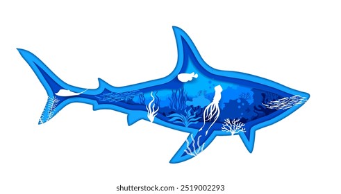 Shark silhouette with underwater landscape. Vector paper cut, shark-shaped, layered 3d frame with underwater scene features marine creatures surrounded by coral reefs and aquatic plants in the ocean