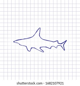 Shark silhouette, underwater predator. Hand drawn picture on paper sheet. Blue ink, outline sketch style. Doodle on checkered background