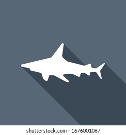 Shark silhouette, underwater predator. White flat icon with long shadow on blue background