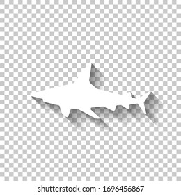 Shark silhouette, underwater predator. White icon with shadow on transparent background