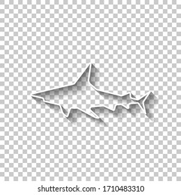 Shark silhouette, underwater predator. White outline sign with shadow on transparent background